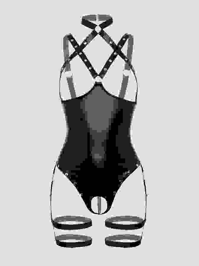 Lovehoney Fierce Tough Love Wet Look Studded Open-Cup Crotchless Teddy, Black, hi-res